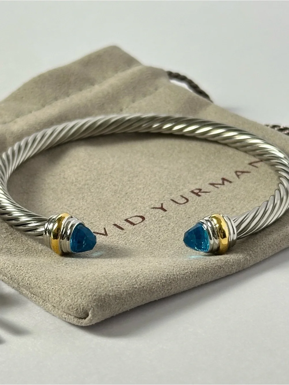 David Yurman 5mm Cable Classics Blue Topaz and 14K Gold Accent Cuff Bracelet